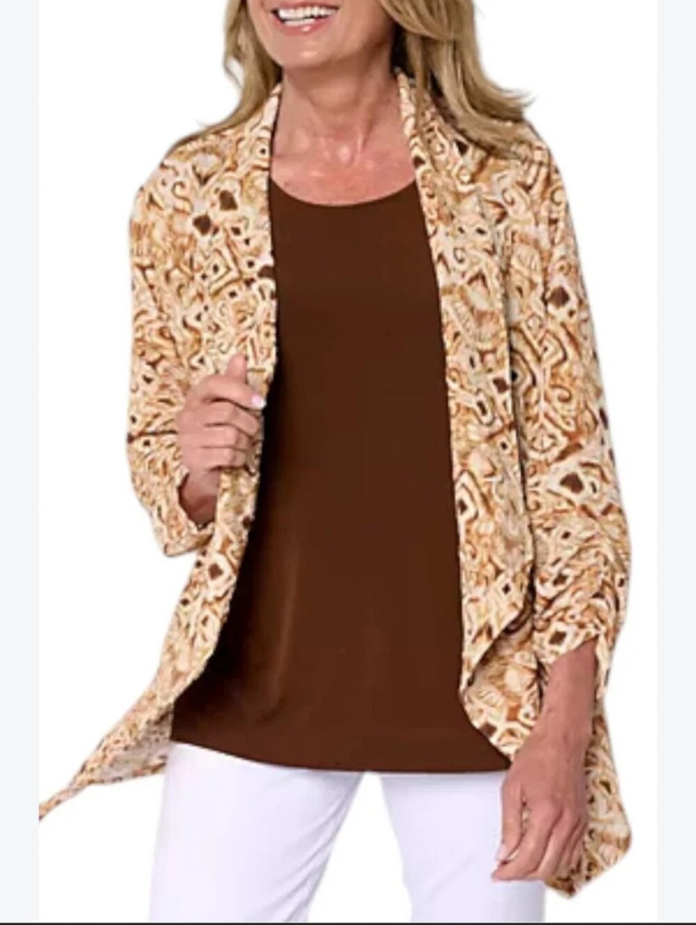 Susan Graver Patterned Open Cardigan 3/4 Sleeve - L Pet